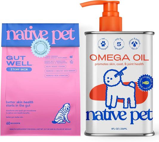 Native Pet Scratch-Free & Shine Bundle: 60 Scoops GutWell Itchy Skin - Dog Itching Skin Relief & Seasonal Allergy Relief & 8 Oz. Omega 3 Fish Oil for Dogs & Cats - Promotes Healthy Skin, Coat & Joint