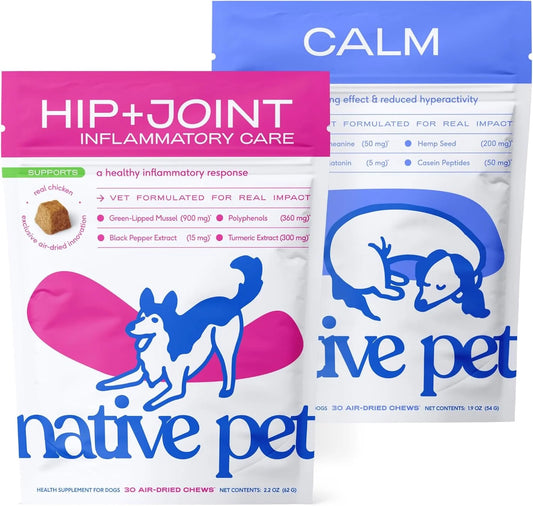 Native Pet Calm & Mobility Bundle: Relief Chews for Dogs (30 Air-Dried Chews) & Dog Calming Chews (30 Air-Dried Chews) - Natural Anxiety Relief with Melatonin & Anti-Inflammatory for Strong Joints