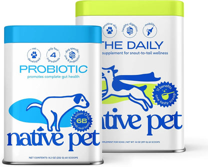 Native Pet Probiotic for Dogs (8.2 Oz.) & The Daily Dog Vitamins & Supplements (14 Oz.) - Vet Created Probiotic Powder for Digestive Issues & 11-in-1 Multivitamin with 21 Supplements & Vitamins