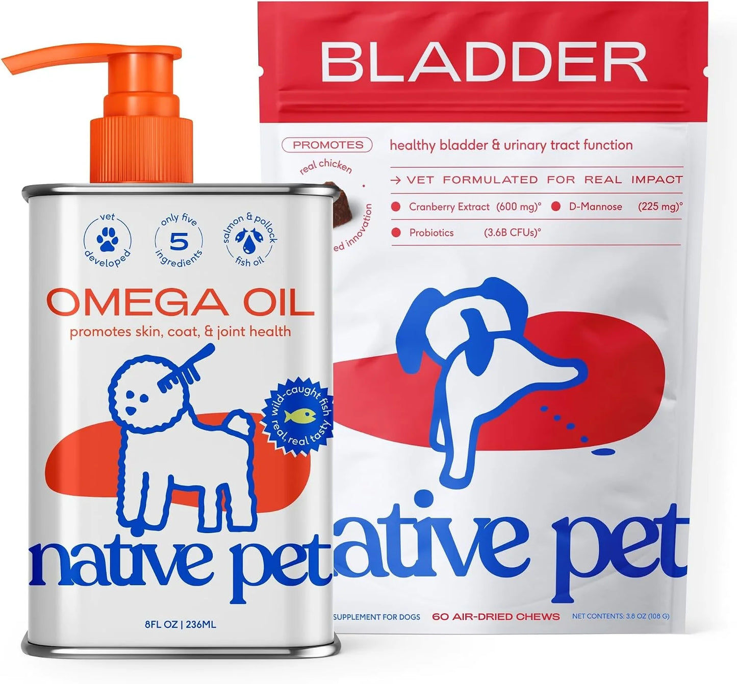 Native Pet Dog UTI Treatment Over The Counter & Fish Oil for Dogs to Support Itchy Skin + Mobility | 60 Chews & 8 Oz