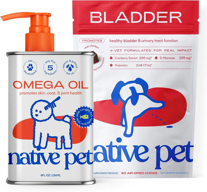 Native Pet Dog UTI Treatment Over The Counter & Fish Oil for Dogs to Support Itchy Skin + Mobility | 60 Chews & 8 Oz