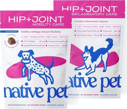Native Pet Joint Care & Pain Relief Bundle: Hip & Joint Supplement for Dogs - Helps Maintain Healthy Cartilage & Flexibility - Pain Relief for Dogs with Collagen to Promote Bone Health - 60 Count