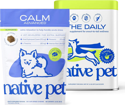 Native Pet Advanced Calming Chews for Dogs & The Daily Dog Vitamins & Supplements - 11-in-1 Multivitamin Powder - Supports Whole Body Health, Mobility, Immunity & Anxiety Related Behavior - 60 Count