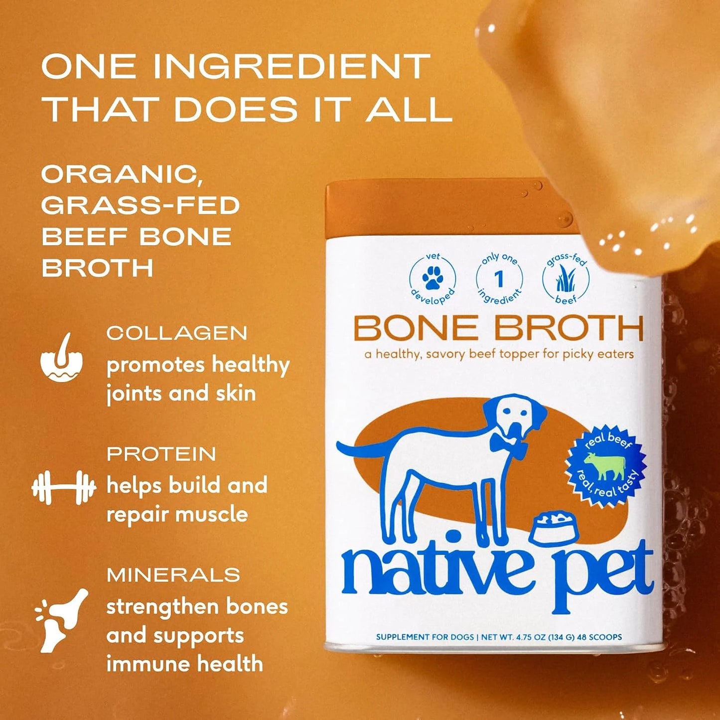 Native Pet Dog Wellness Bundle: Beef Bone Broth (48 Servings), Daily Multivitamin (30 Scoops), Pumpkin Fiber Support (30 Scoops), & Omega Oil for Dogs Skin, Coat and Joints (8 Oz.)
