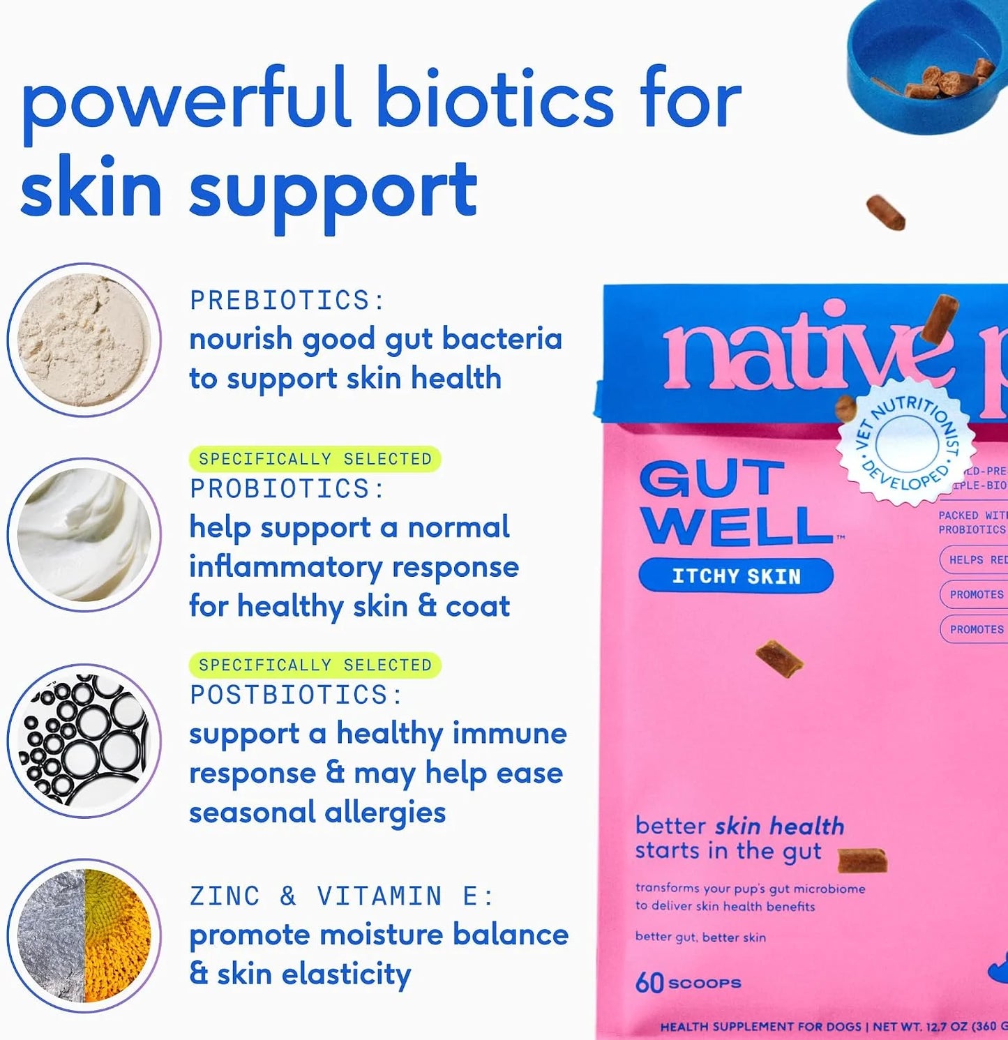 Native Pet Scratch-Free & Shine Bundle: 60 Scoops GutWell Itchy Skin - Dog Itching Skin Relief & Seasonal Allergy Relief & 8 Oz. Omega 3 Fish Oil for Dogs & Cats - Promotes Healthy Skin, Coat & Joint