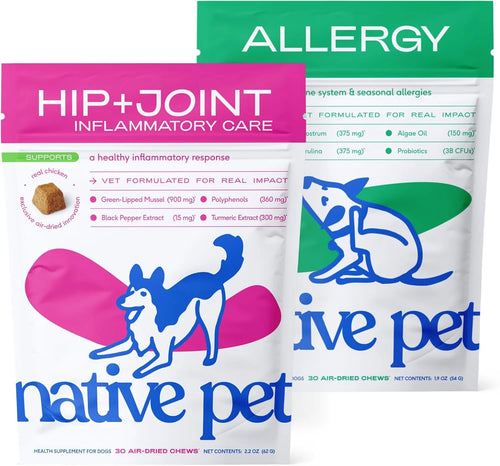 Native Pet Joint & Itch Relief Bundle: Relief Chews for Dogs (30 Air-Dried Chews) & Allergy Chews for Dogs (30 Air-Dried Chews) - Anti-Inflammatory Promotes Healthy Skin, Shiny Coat, & Strong Joints
