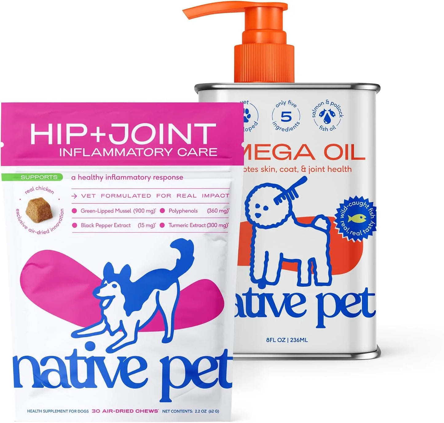Native Pet Itch & Mobility Bundle: Joint Pain Relief Chews for Dogs (30 Air-Dried Chews) & Omega Oil for Dogs (8 Oz) - Anti-Inflammatory for Strong Joints & Fast-Absorbing Omega 3 6 9 Supplement