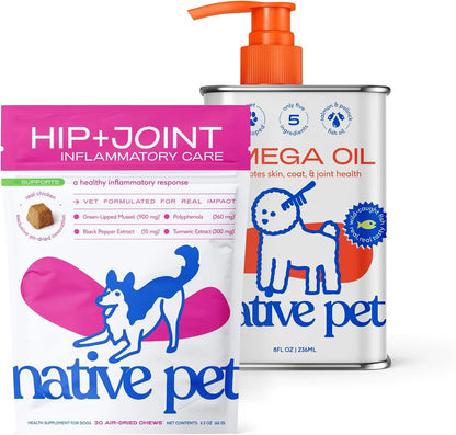 Native Pet Itch & Mobility Bundle: Joint Pain Relief Chews for Dogs (30 Air-Dried Chews) & Omega Oil for Dogs (8 Oz) - Anti-Inflammatory for Strong Joints & Fast-Absorbing Omega 3 6 9 Supplement