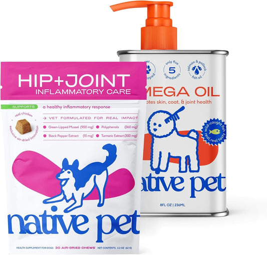 Native Pet Itch & Mobility Bundle: Joint Pain Relief Chews for Dogs (30 Air-Dried Chews) & Omega Oil for Dogs (8 Oz) - Anti-Inflammatory for Strong Joints & Fast-Absorbing Omega 3 6 9 Supplement