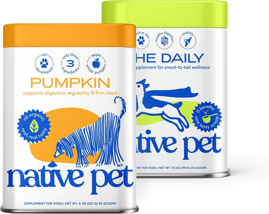 Native Pet Pumpkin Powder for Dogs (30 Scoops) and The Daily Dog Supplement (30 Scoops) - All-Natural, Organic Pumpkin Fiber and 11 in 1 Dog Multivitamins & Supplements