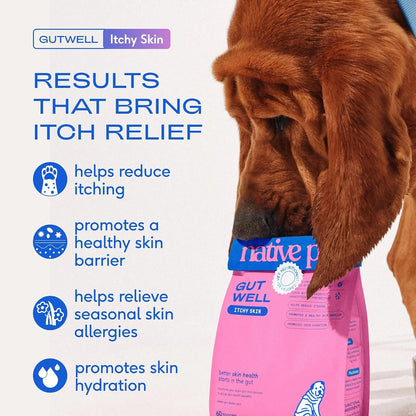 Native Pet Scratch-Free & Shine Bundle: 60 Scoops GutWell Itchy Skin - Dog Itching Skin Relief & Seasonal Allergy Relief & 8 Oz. Omega 3 Fish Oil for Dogs & Cats - Promotes Healthy Skin, Coat & Joint
