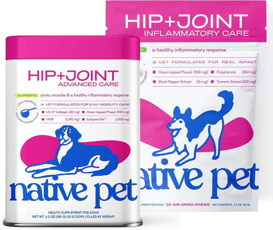 Native Pet Complete Joint Care & Pain Relief: Advanced Care Hip & Joint Supplement for Dogs - Supports, Cartilage, Muscles & Anti-Inflammatory - Pain Relief for Dogs with Collagen - 30 Count
