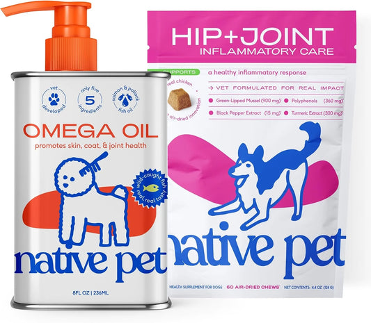 Native Pet Omega Oil for Dogs 8 Oz - Fish Oil Supplements & Relief - Anti-Inflammatory Chews for Dogs - 60 Chews - Arthritis Supplement & Joint Pain Relief