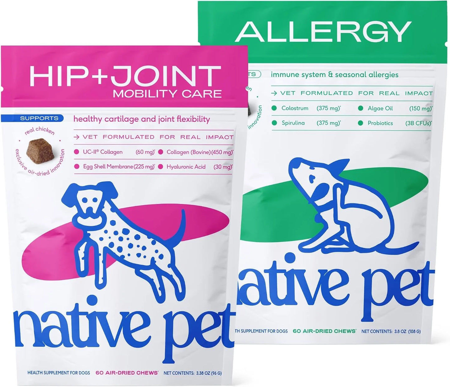 Native Pet Joint & Allergy Defense Pack: Hip & Joint Supplement for Dogs - Maintain Healthy Cartilage & Joint Flexibility & Dog Allergy Relief with Probiotics and Colostrum for Itch Relief - 60 Chews
