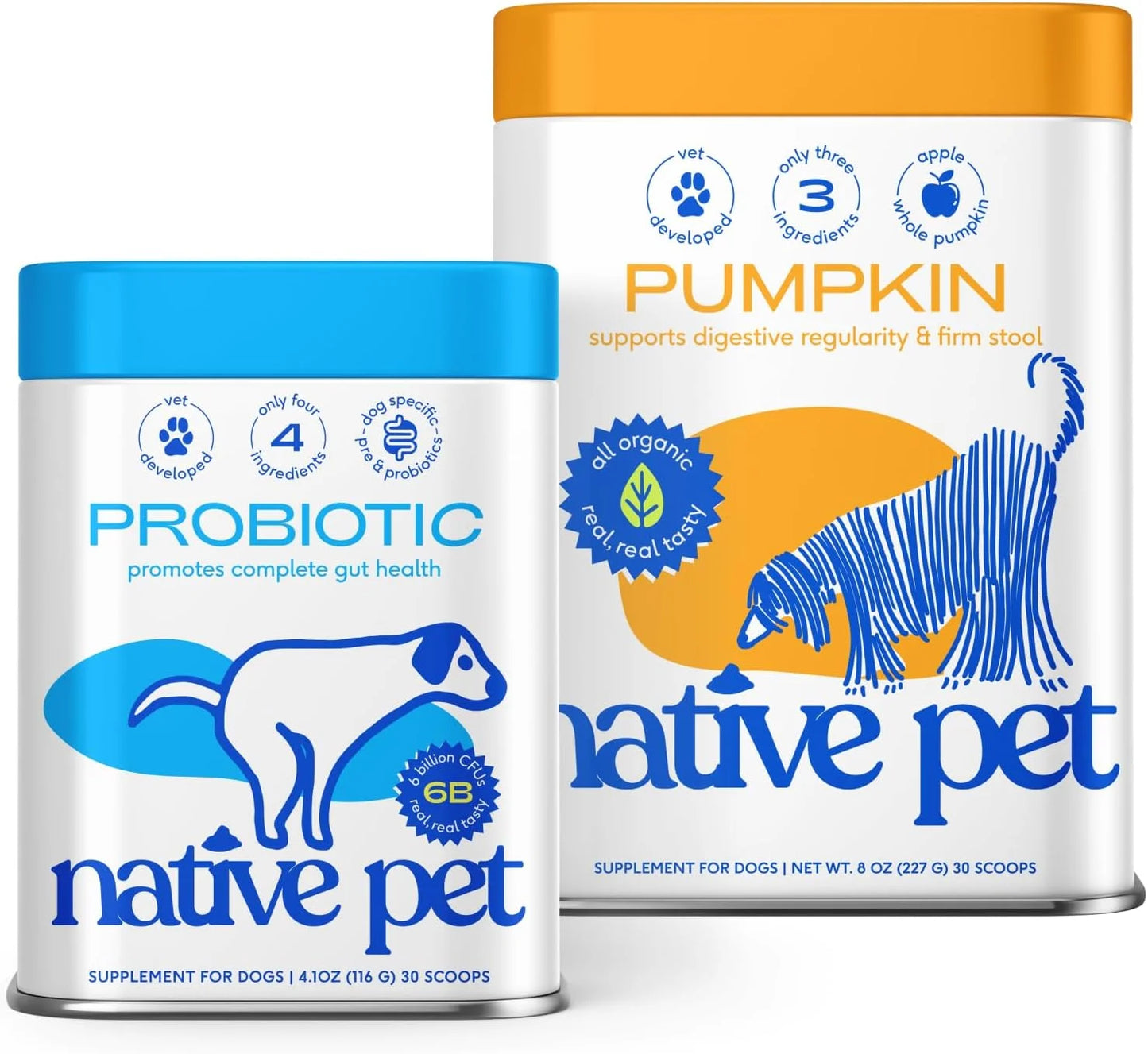 Native Pet Belly Bundle: Pumpkin for Dogs (8 Oz.) & Probiotic Powder for Dogs (4.1 Oz.) - All-Natural Remedy for Pet Diarrhea, Upset Stomach & Gas Relief